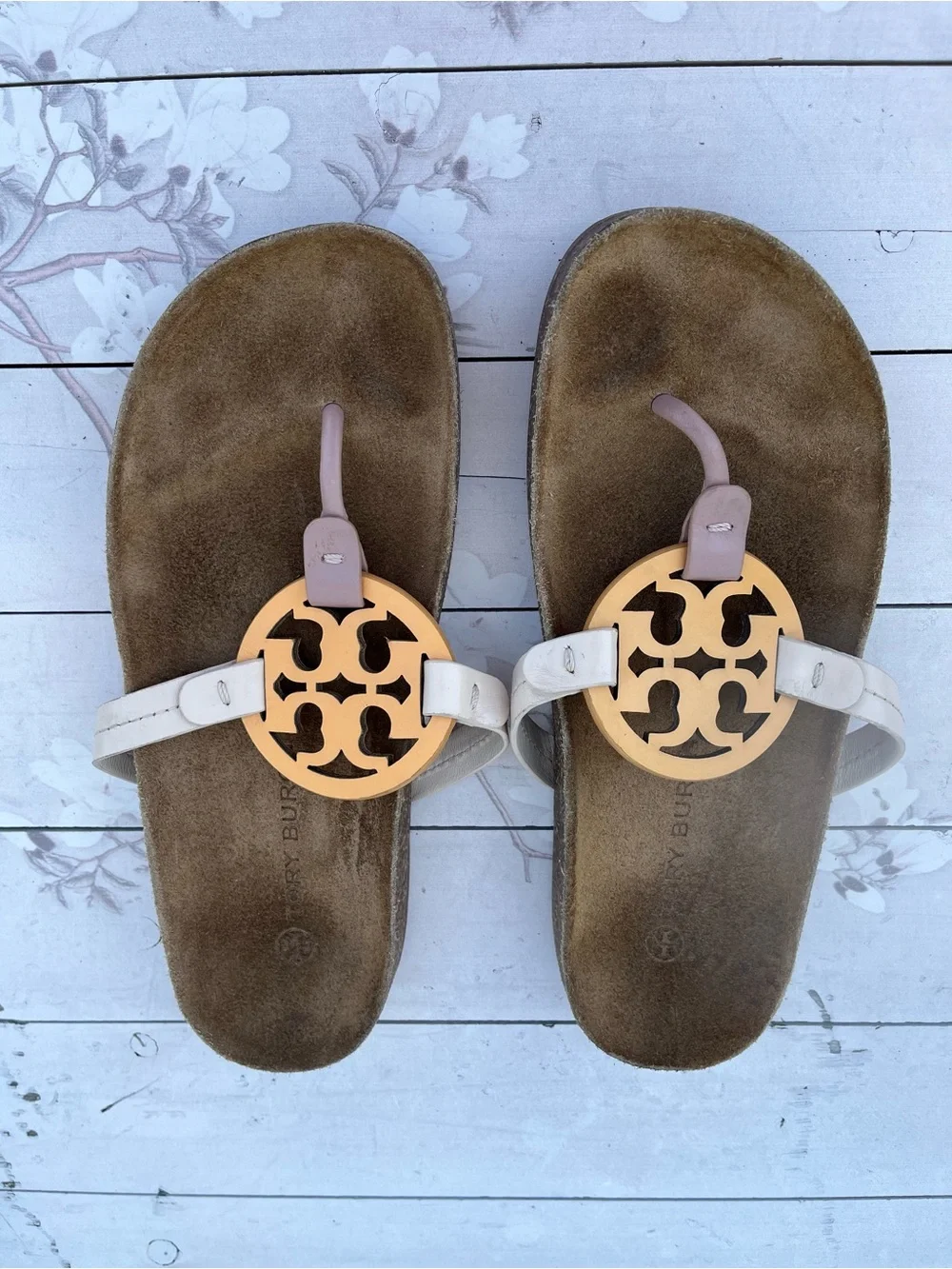 Tory Burch Beige and Gold Logo Thong Sandals